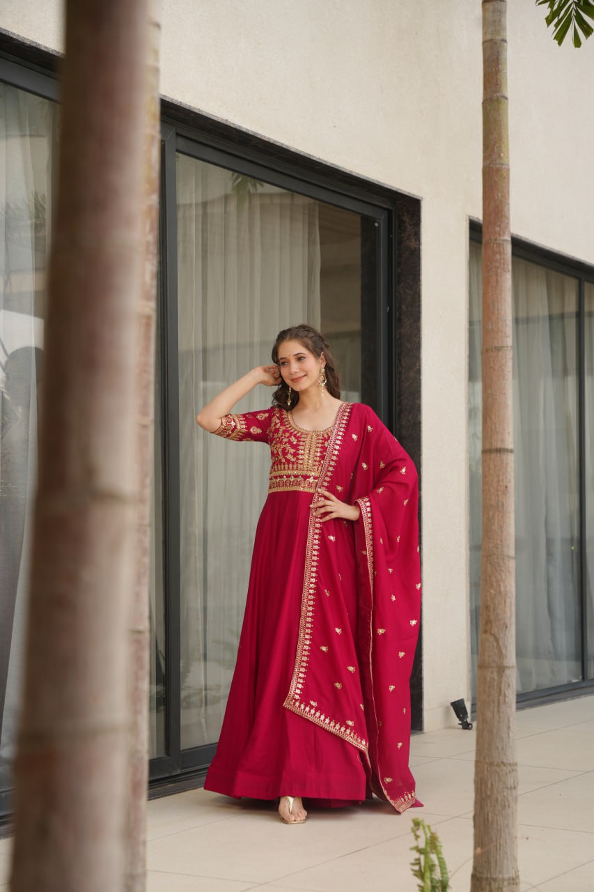 Aadishri Pink Vichitra Silk Gown with multi-sequins and zari embroidery – perfect Indian ethnic wear for weddings, party wear dresses for women, designer gown for women, traditional Indian dress, Indian clothing for women, ethnic wear for girls, gown for wedding function, Indian dress online shopping, full sleeve gown for women, festive wear for ladies.